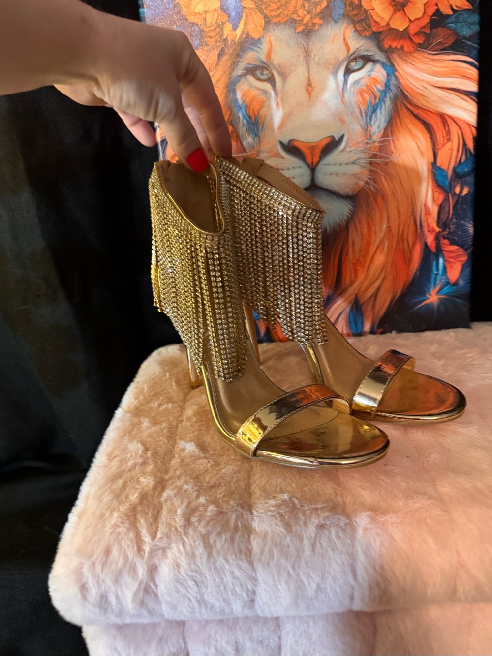 Glaze Gold Stiletto Heels with Crystal Fringe Detail
